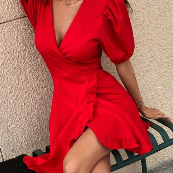 Puff Sleeve Ruffle Trim Wrap Dress - Picture 5 of 10